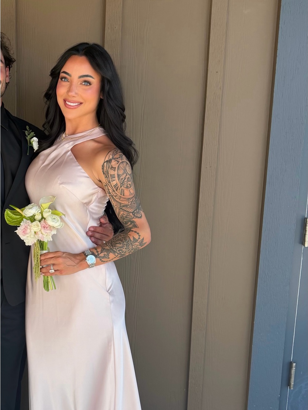 Azazie One-Shoulder Satin Maxi Dress in Light Blush